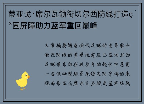 蒂亚戈·席尔瓦领衔切尔西防线打造稳固屏障助力蓝军重回巅峰